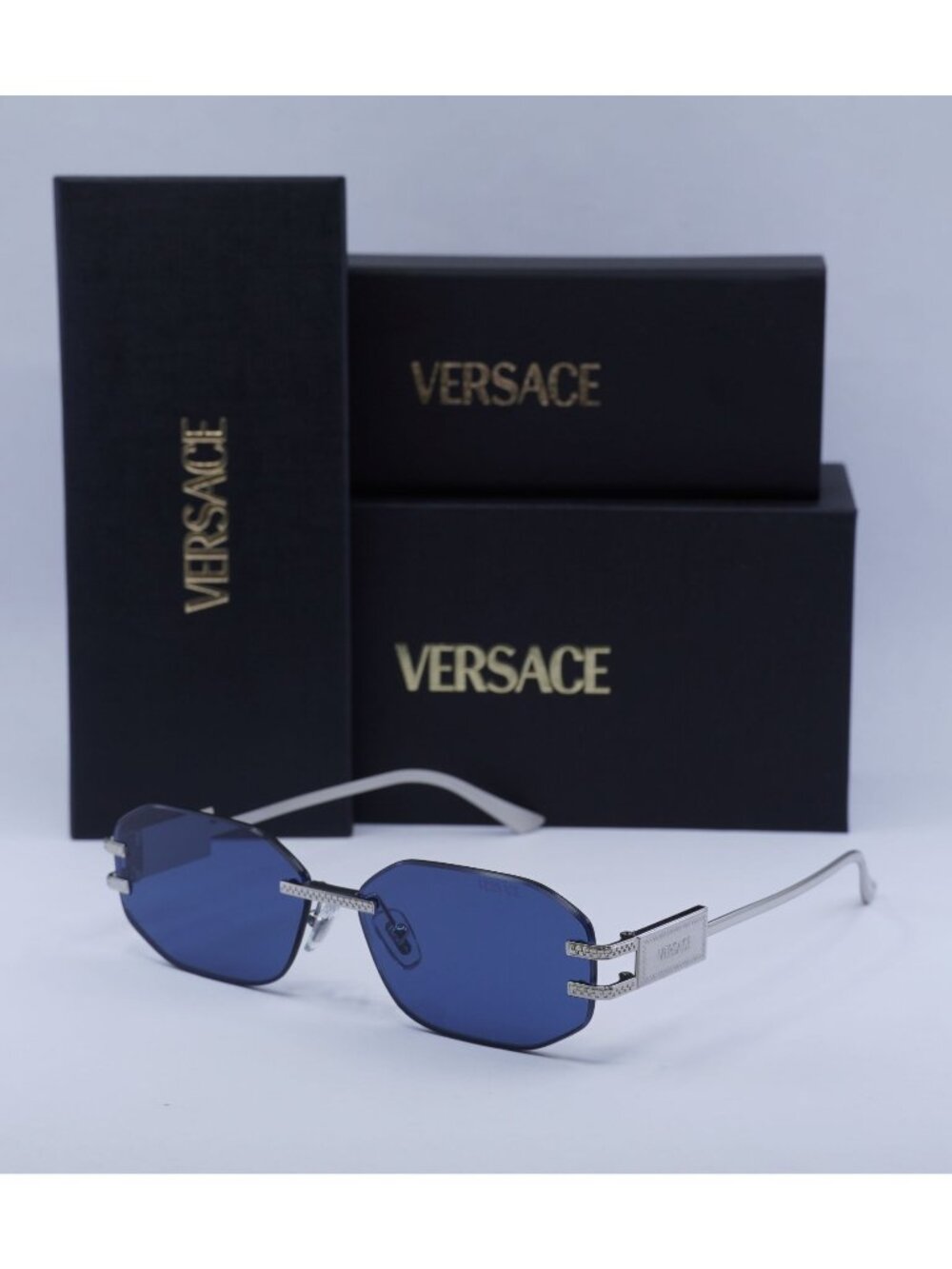 Versace VE2274 100080 Rimless Geometric Sunglasses – Silver / Blue